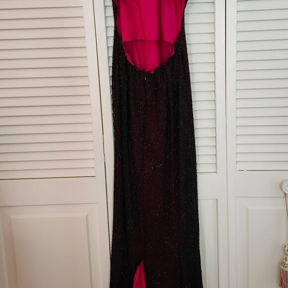 Saks Fifth Ave Beaded Halter Style Gown - Sheer Black W/ Fuchsia Lining - Picture 6 of 6